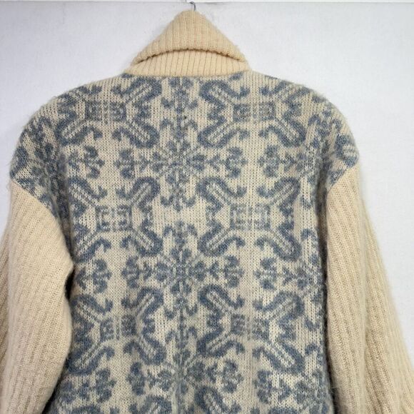 Vtg Hilda Ltd Cardigan Women S Cream Blue Wool Knit Icelandic Shawl Collar 80s - Picture 5 of 12